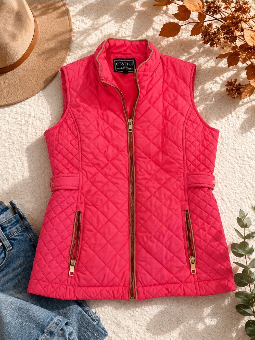 C’ESTTOI Pink Quilted Vest Women’s Small Gold Zip Lightweight Fall Jacket - Picture 2 of 9